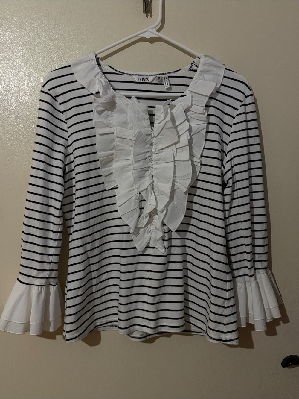 ravel White Top with Black Stripes and Ruffle Front